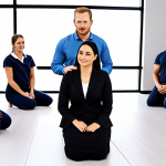 A diverse team collaborating in a bright, modern office space, with a leader kneeling amongst them, listening attentively and offering support. Emphasize a welcoming and inclusive atmosphere, showcasing servant leadership in action.