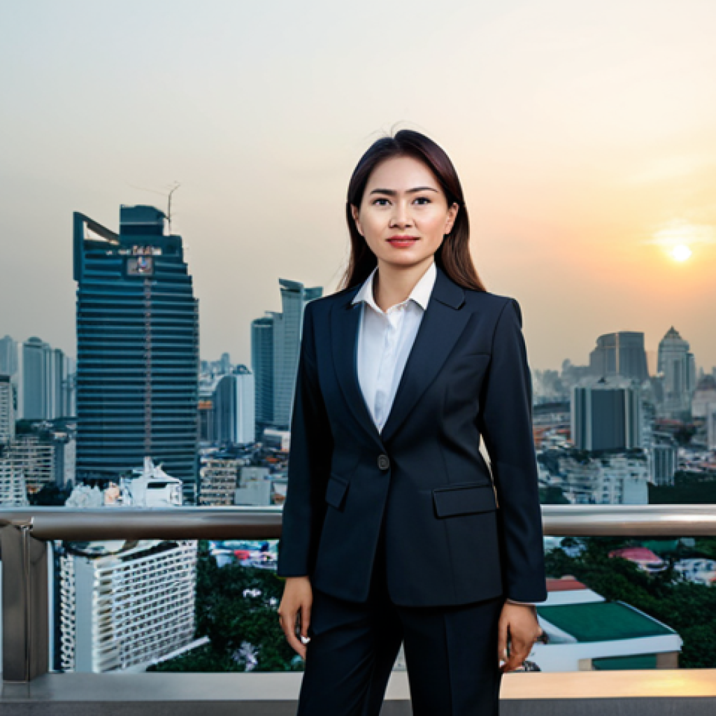 **
"A professional Thai businesswoman in a modest, tailored business suit, standing confidently in front of the Bangkok skyline at sunset, fully clothed, appropriate attire, safe for work, perfect anatomy, natural proportions, professional corporate photography, high quality."
**