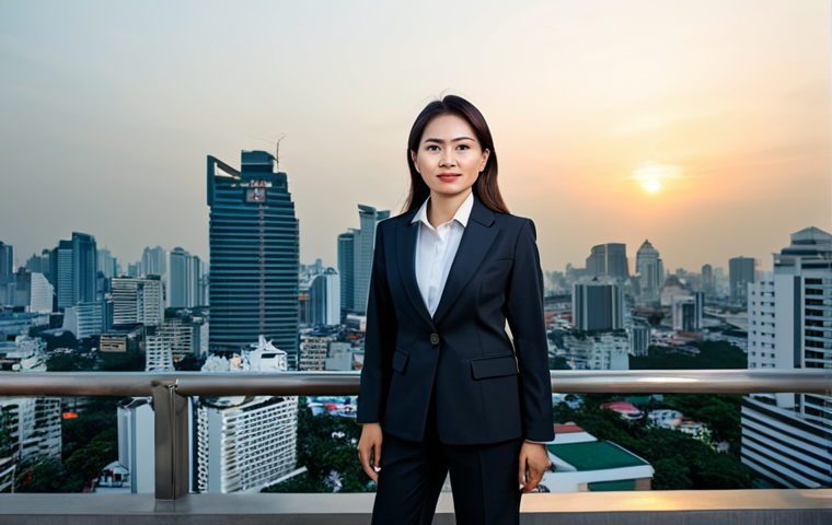**
"A professional Thai businesswoman in a modest, tailored business suit, standing confidently in front of the Bangkok skyline at sunset, fully clothed, appropriate attire, safe for work, perfect anatomy, natural proportions, professional corporate photography, high quality."
**