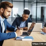 Home 19 조직의 목표 달성을 위한 코칭 리더십 활용 - A diverse professional team in a modern office environment engaged in a coaching session, the leader...