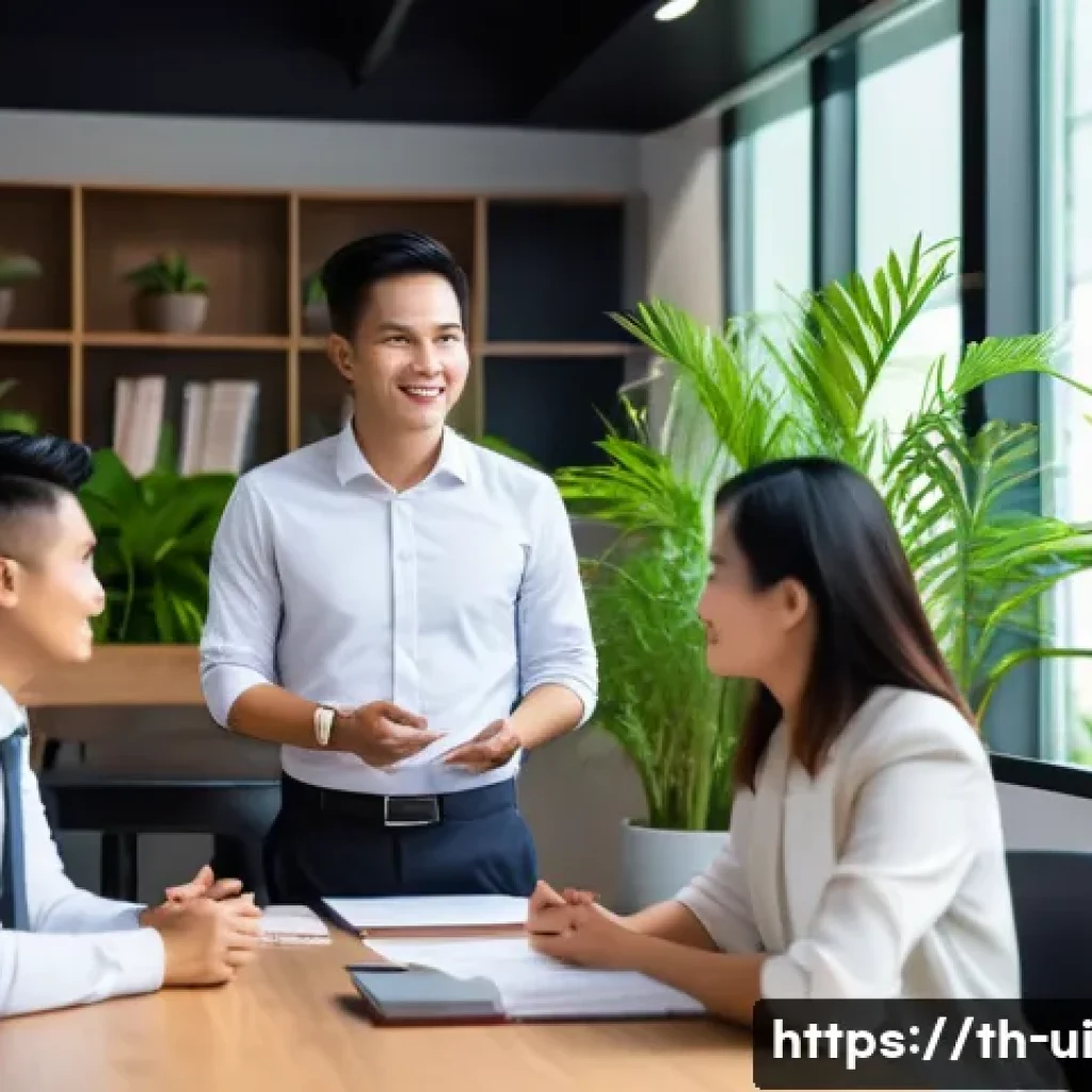효과적인 코칭 리더십을 위한 학습 방법 - A professional coaching session in a modern Thai office setting, featuring a confident Thai team lea...