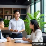 Home 18 효과적인 코칭 리더십을 위한 학습 방법 - A professional coaching session in a modern Thai office setting, featuring a confident Thai team lea...