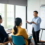 Home 23 코칭 리더십 운영을 위한 실행 전략 - A modern Thai office environment showing a diverse group of professionals engaged in a coaching work...
