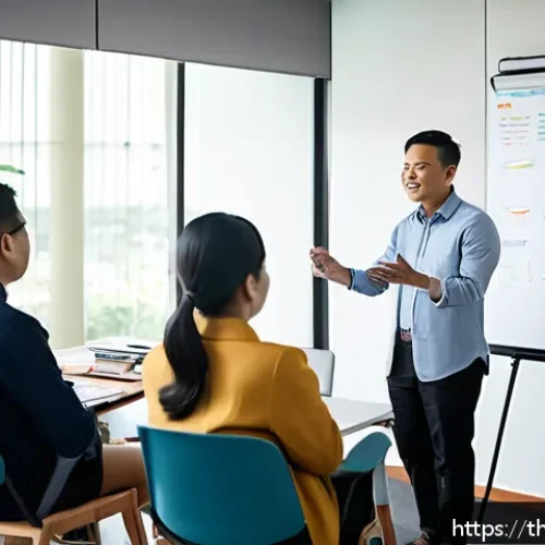 Home 17 코칭 리더십 운영을 위한 실행 전략 - A modern Thai office environment showing a diverse group of professionals engaged in a coaching work...