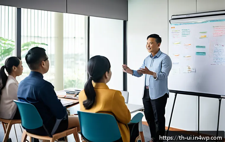 코칭 리더십 운영을 위한 실행 전략 - A modern Thai office environment showing a diverse group of professionals engaged in a coaching work...